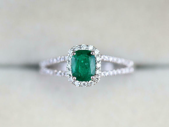 2.2ct Engagement Ring Cushion Green Emerald Split Shank Halo 14k White Gold Over