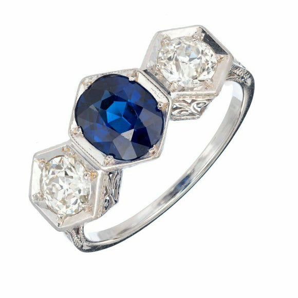 1.7ct Oval Cut Blue Sapphire Art Deco Trilogy Engagement Ring 14k WhiteGold Over