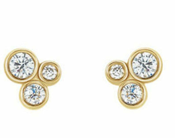 1ct Stud Earrings Round Cut Diamond Bezel Set Trilogy 14k Yellow Gold Finish