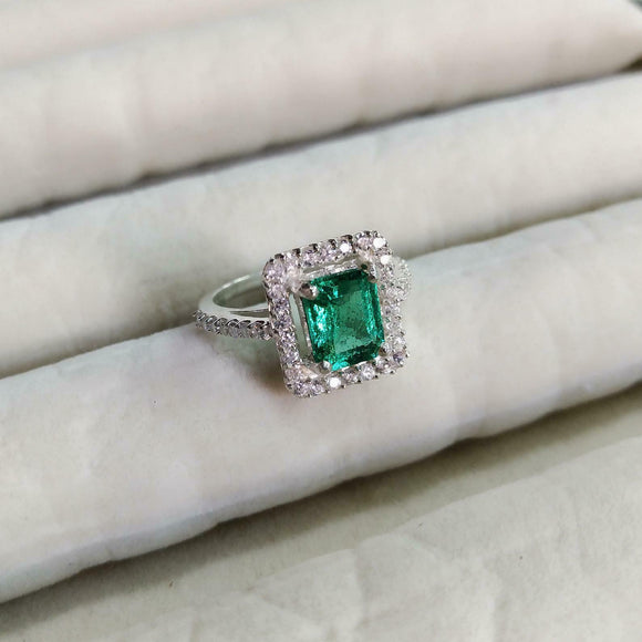 1.5ct Engagement Ring Green Emerald Cut Round Accent Halo 14k White Gold Finish