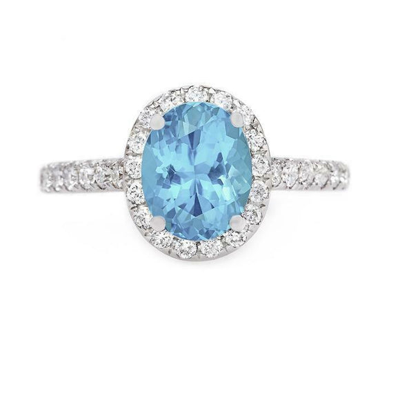 2.2ct Oval Cut Blue Topaz Engagement Ring Diamond Halo 14k White Gold Finish