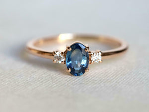 1ct Engagement Ring Oval Cut Blue Tanzanite Three Stone 14k Yellow Gold Finish