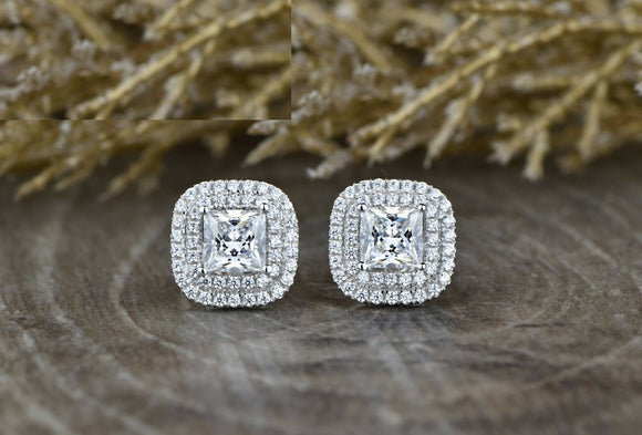 2.5ct Princess Cut Diamond Halo Screw Back Stud Earrings 14k White Gold Finish