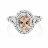 1.3ct Oval Peach Morganite Halo Split Band Engagement Ring 14k White Gold Finish