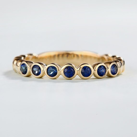 1.4ct Round Cut Blue Sapphire Bezel Set Half Eternity Band 14k YellowGold Finish