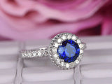 1.2ct Round Cut Blue Sapphire Engagement Ring 14k White Gold Finish Halo Bridal