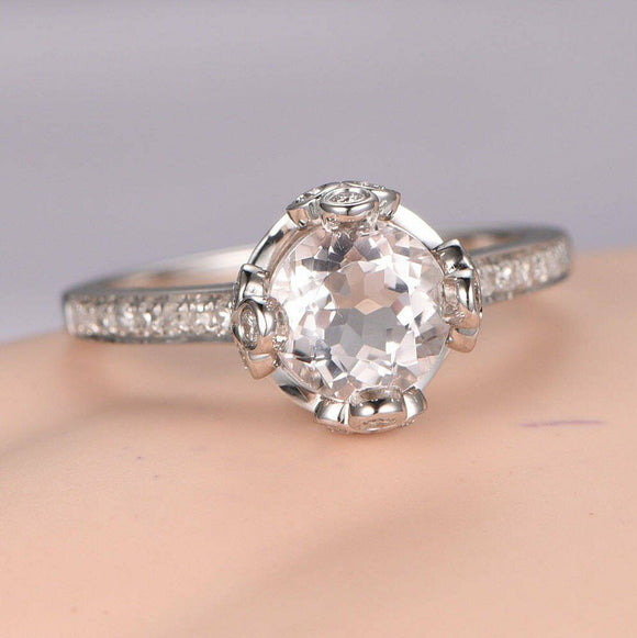 1.5ct Round Cut Peach Morganite Crown Design Engagement Ring 14k White Gold Over