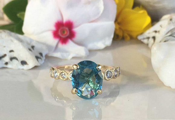 2.1ct Engagement Ring Oval Blue Topaz Round Diamond Accent 14k Yellow Gold Over