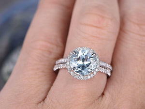 1.7Ct Round Cut Blue Aquamarine Bridal Set Engagement Ring 14K White Gold Finish