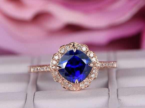 2ct Cushion Cut Blue Sapphire Vintage Halo Engagement Ring 14k Rose Gold Finish