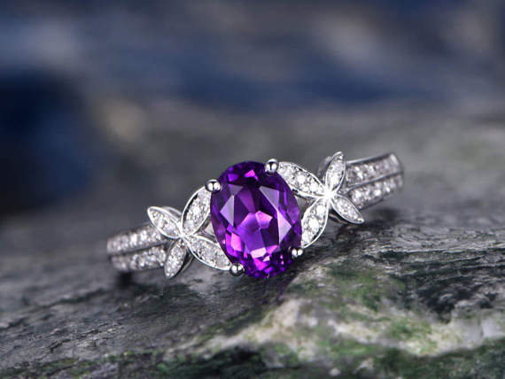 3ct Oval Cut Purple Amethyst Engagement Ring Butterfly Flower 14k WhiteGold Over