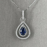 2Ct Pear Blue Sapphire Diamond Dual Halo Pendant 14K White Gold Finish NO CHAIN