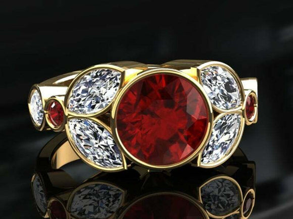 3ct Round Cut Red Ruby Engagement Ring Leaf Marquise Accent 14k Yellow Gold Over