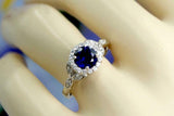 1.5ct Round Cut Blue Sapphire Engagement Ring Halo Floral 14k White Gold Finish