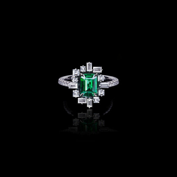 2ct Green Emerald Diamond Baguette Halo Cocktail Gatsby Ring 14k White Gold Over