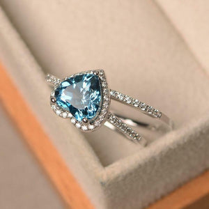 2ct Engagement Ring Heart Cut London Blue Topaz Bridal Set 14k White Gold Finish