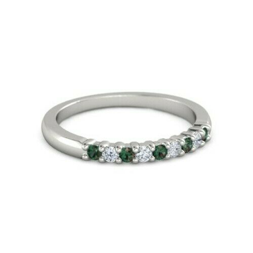 2Ct Round Cut Alternate Green Emerald Diamond Wedding Band 14K White Gold Finish