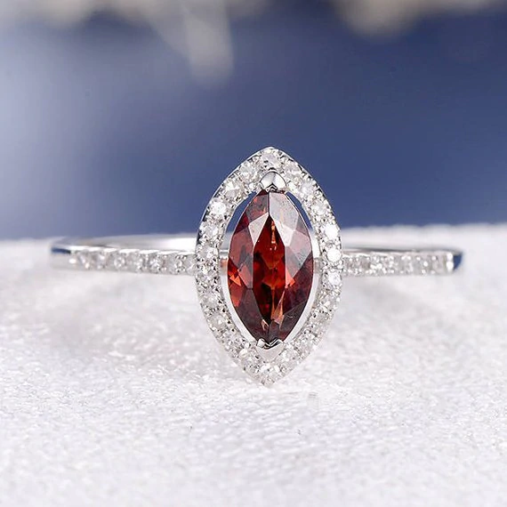 1.5ct Marquise Cut Red Garnet Engagement Ring Halo Diamond 14k White Gold Finish