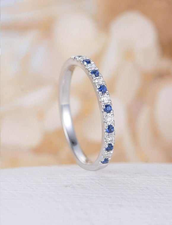 1ct Round Cut Blue Sapphire Wedding Band Ring Half Eternity 14k White Gold Over