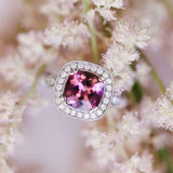 2.4ct Cushion Cut Pink Ruby Engagement Ring Milgrain Halo 14k White Gold Finish