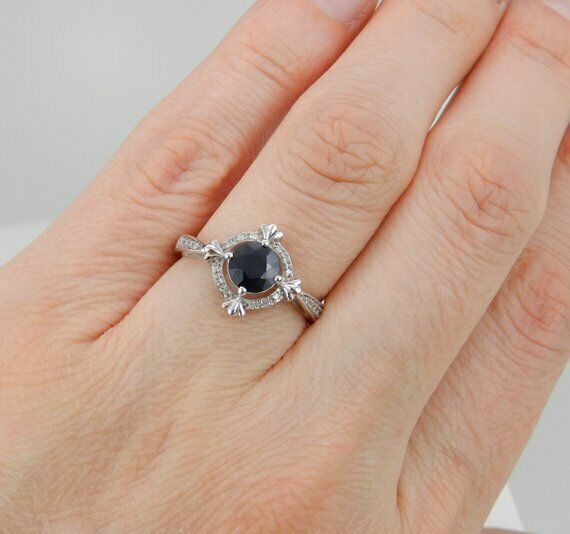 3Ct Round Black Diamond Accent Vintage Halo Engagement Ring 14K White Gold Over