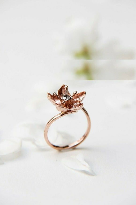 0.25ct Round Cut Diamond Engagement Ring Flower Statement 14k Rose Gold Finish