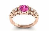 1.6ct Round Cut Pink Sapphire Floral Filigree Solitaire Ring 14k RoseGold Finish