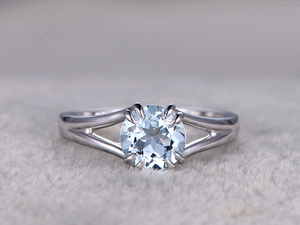 1ct Round Cut Blue Aquamarine Split Shank Solitaire Ring 18k White Gold Finish