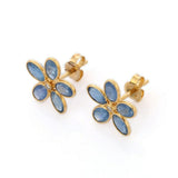 2.2ct Stud Earrings Oval Cut Blue Tanzanite Flower 14k Yellow Gold Finish