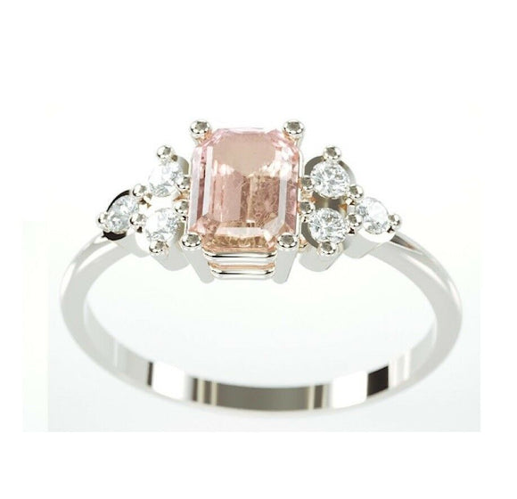 2Ct Emerald Cut Peach Morganite Solitaire Engagement Ring 18K White Gold Finish