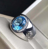 2ct Oval Cut Blue Topaz Signet Halo Men Engagement Ring 14k White Gold Finish