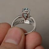 1.5ct Pear Cut Blue Aquamarine Crown Design Engagement Ring 18k WhiteGold Finish