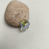 2.7ct Emerald Cut Yellow Citrine Blue Sapphire Halo Ring 14k White Gold Finish