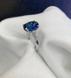 2ct Oval Cut Blue Sapphire Diamond Trilogy Engagement Ring 14k White Gold Finish