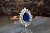 2ct Pear Cut Blue Sapphire Art Deco Promise Engagement Ring 14k Rose Gold Finish