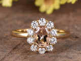 2ct Oval Cut Peach Morganite Engagement Ring Halo Floral 14k Yellow Gold Finish