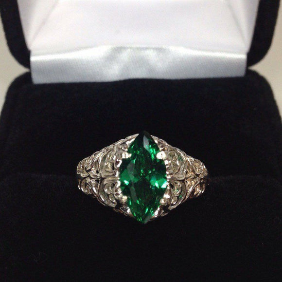 1ct Marquise Cut Green Emerald Wide Filigree Engagement Ring 14k White Gold Over