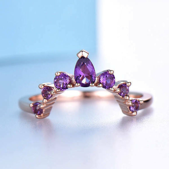 1.5ct Pear Cut Purple Amethyst Engagement Ring Curved Crown 14k Rose Gold Finish