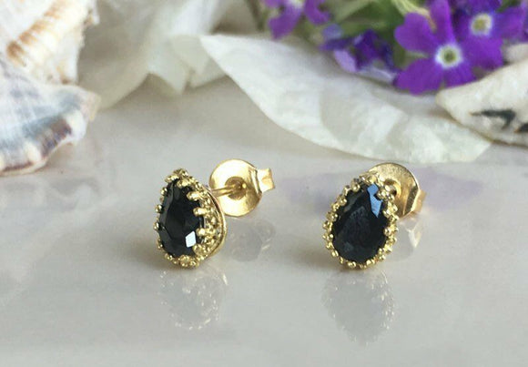 1ct Pear Cut Black Diamond Crown Teardrop Stud Earrings 14k Yellow Gold Finish