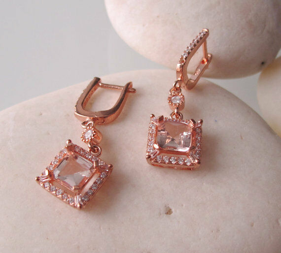 2ct Cushion Cut Peach Morganite Unique Drop Earrings Women 14k Rose Gold Finish