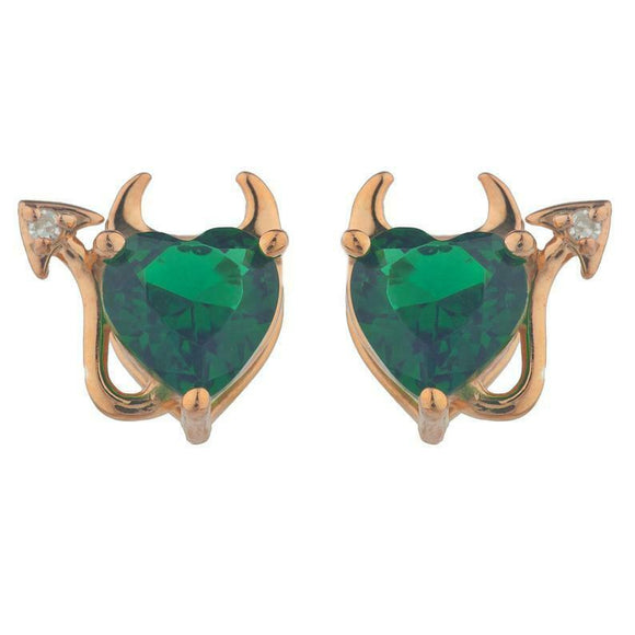 1.5ct Stud Earrings Heart Cut Green Emerald Devil Design 14k Rose Gold Finish