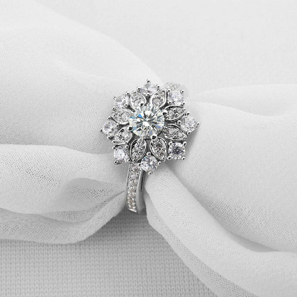 3ct Round Diamond Flower Cocktail Solitaire with Accent Ring 14k White Gold Over