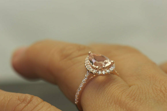 3Ct Pear Cut Peach Morganite Engagement Ring 14K Rose Gold Finish Diamond Halo