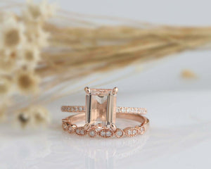 2.2ct Emerald Cut Peach Morganite Milgrain Bridal Set Ring 14k Rose Gold Finish