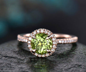 2.6Ct Round Cut Green Peridot Halo Solitaire Engagement Ring 18K Rose Gold Over