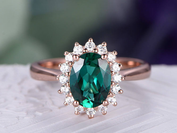 2.3ct Oval Cut Green Emerald Engagement Ring Diamond Floral 14k Rose Gold Finish