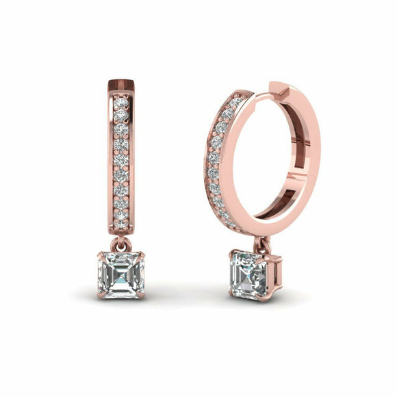 1ct Asscher Cut VVS1 Diamond Hoop Design Drop Earring Women 14k Rose Gold Finish