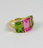 4Ct Emerald Cut Pink Sapphire Peridot Three Stone Ring 14K Yellow Gold Finish