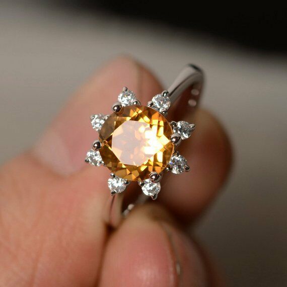 1.5ct Round Cut Yellow Citrine Solitaire Engagement Ring 14k White Gold Finish