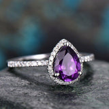 0.9Ct Pear Cut Purple Amethyst Halo Solitaire Engagement Ring 14K WhiteGold Over